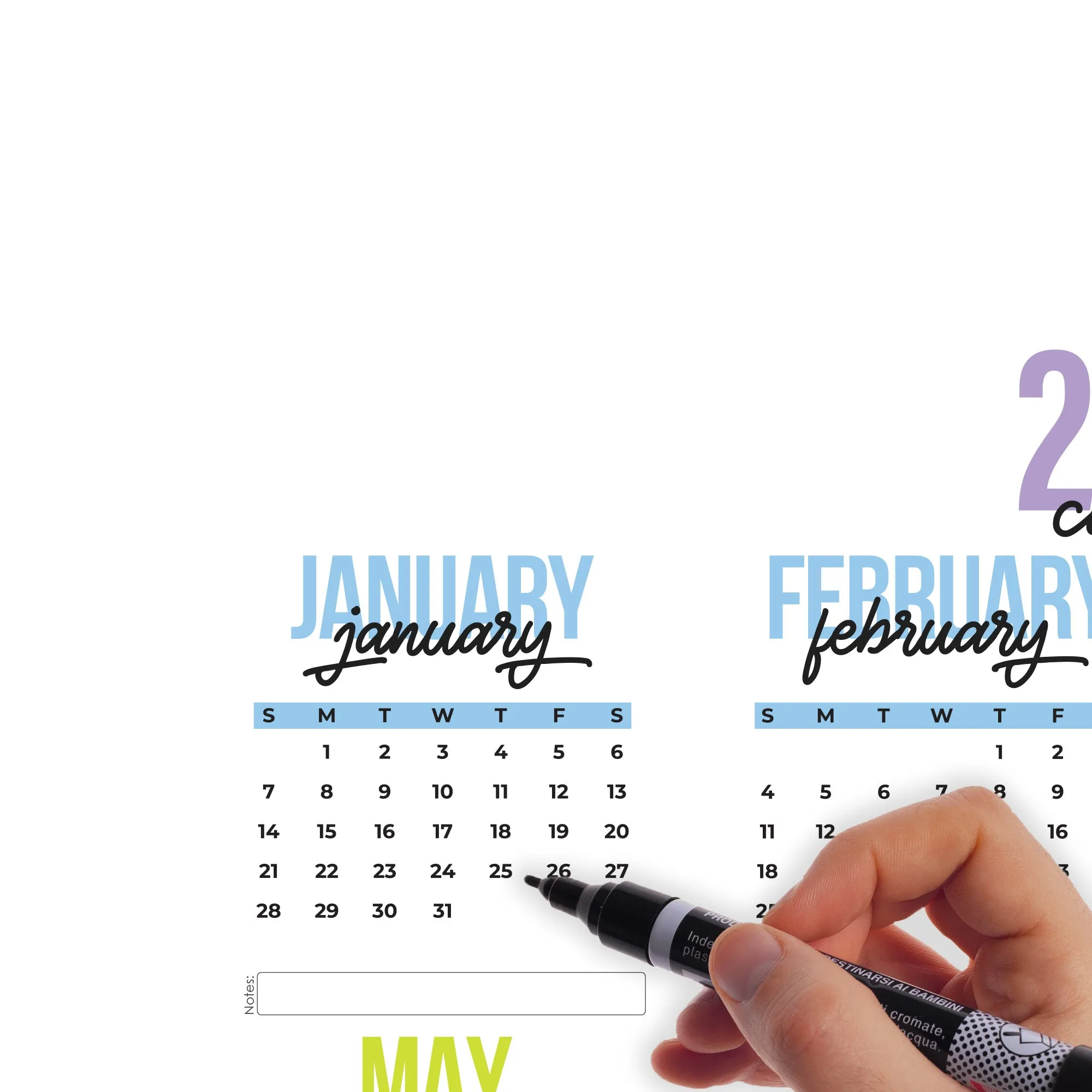 2024 Calendar:  Colorful Dry Erase        -   Removable     Adhesive Decal