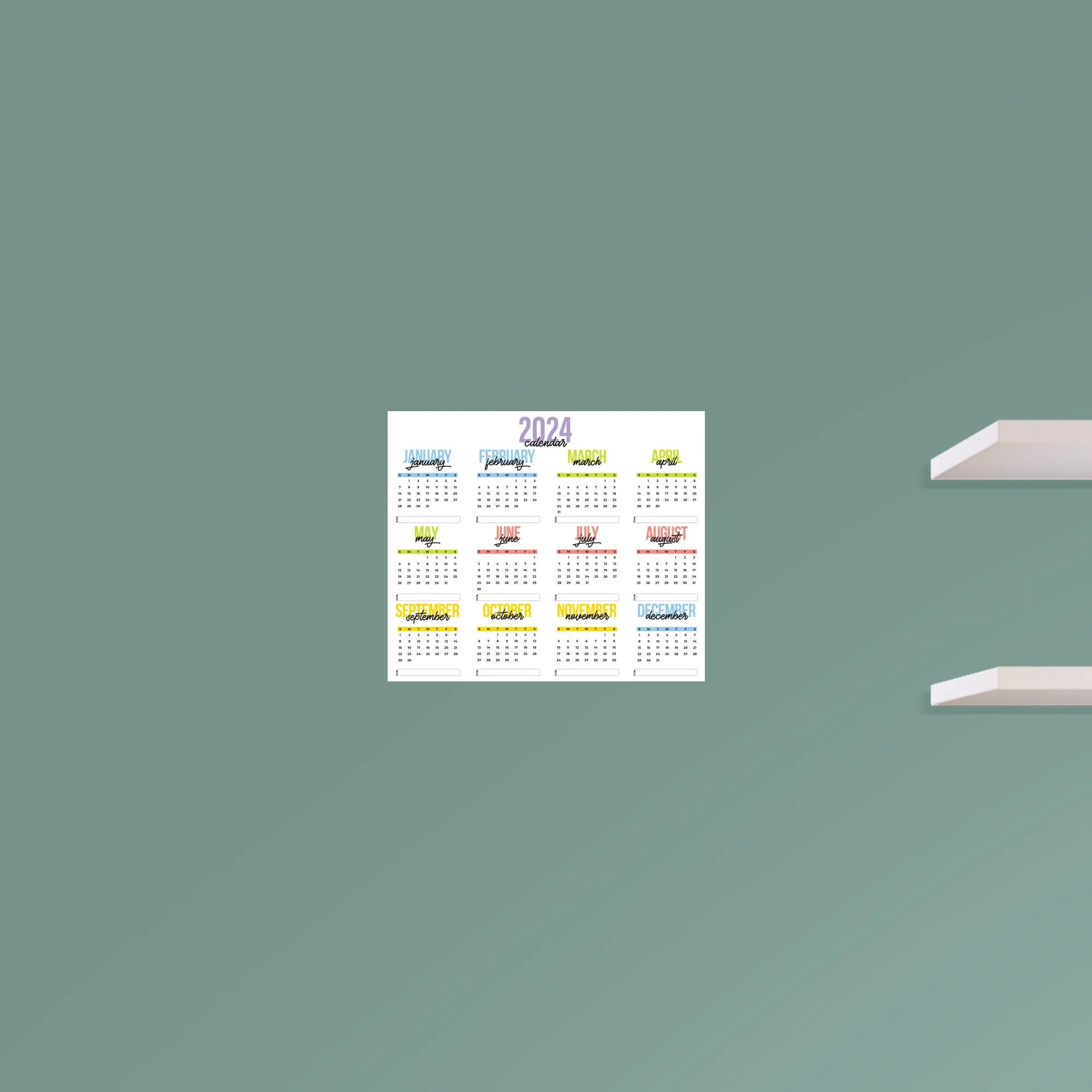 2024 Calendar:  Colorful Dry Erase        -   Removable     Adhesive Decal
