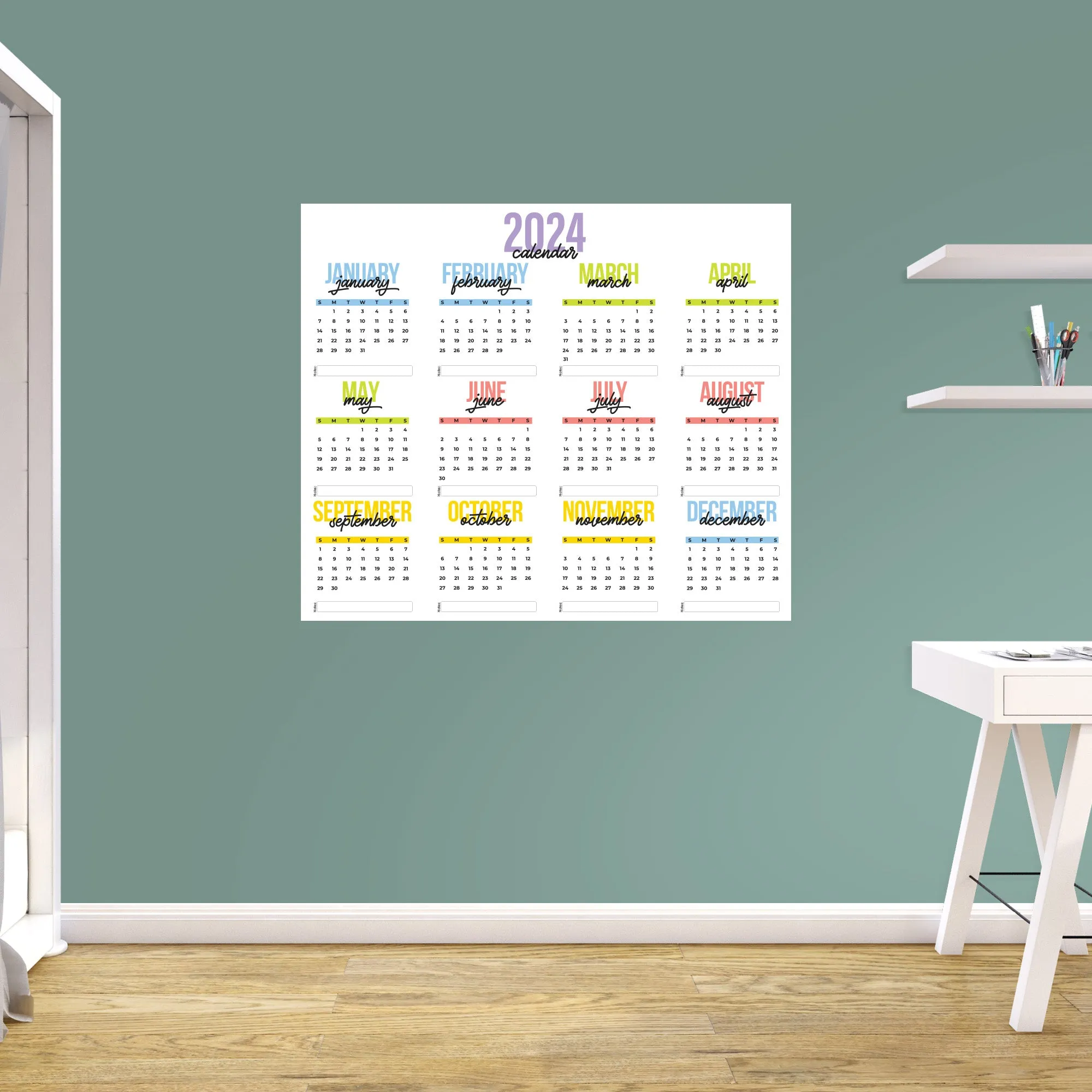 2024 Calendar:  Colorful Dry Erase        -   Removable     Adhesive Decal