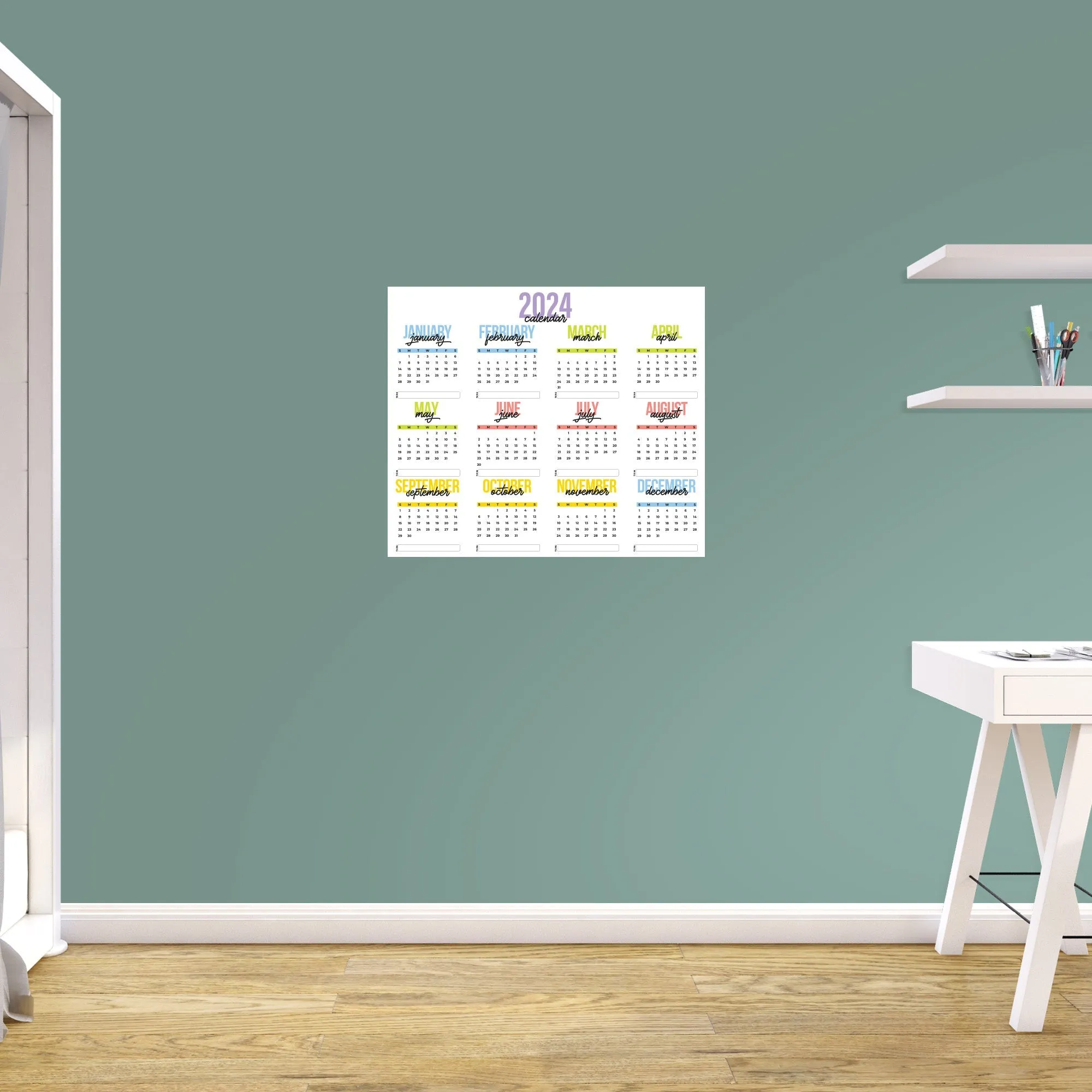 2024 Calendar:  Colorful Dry Erase        -   Removable     Adhesive Decal
