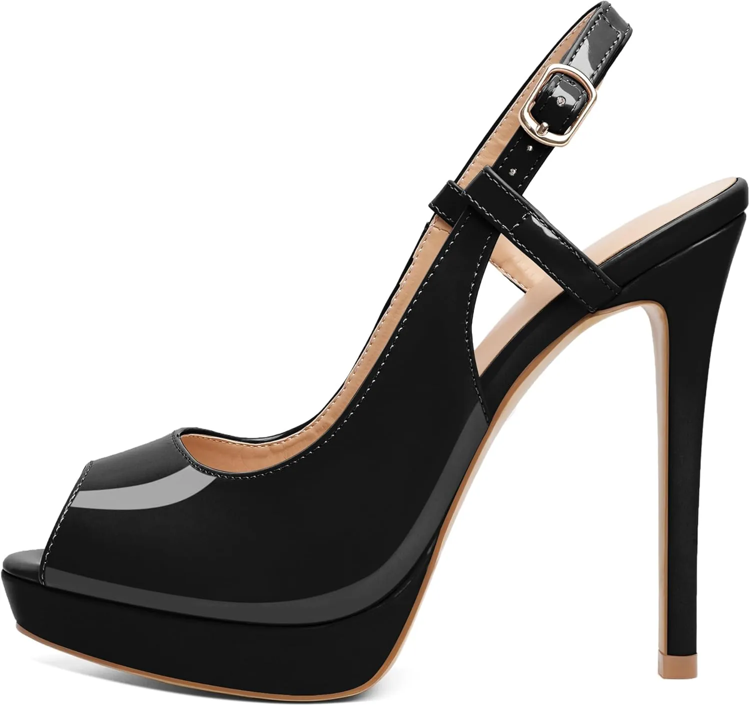 AUMOTED Women's High Heel Slingback Pumps Stilettos High Heels Patent Slingback Pumps Solid Peep Toe Platform Stilettos Pumps Dating Party Dress Shoes 4.7 Inch
