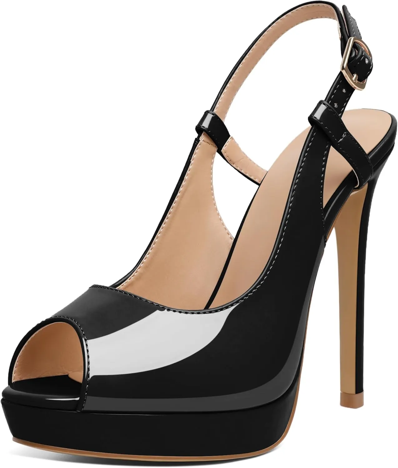 AUMOTED Women's High Heel Slingback Pumps Stilettos High Heels Patent Slingback Pumps Solid Peep Toe Platform Stilettos Pumps Dating Party Dress Shoes 4.7 Inch
