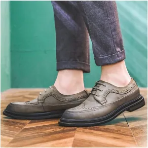 Brogue Oxford for Men Retro Dress Shoes Lace up Microfiber Leather Flat Pointed Toe Rubber Sole Platform Perforated Burnished Style Fashion (Color : Grey, Size : 7 M US)