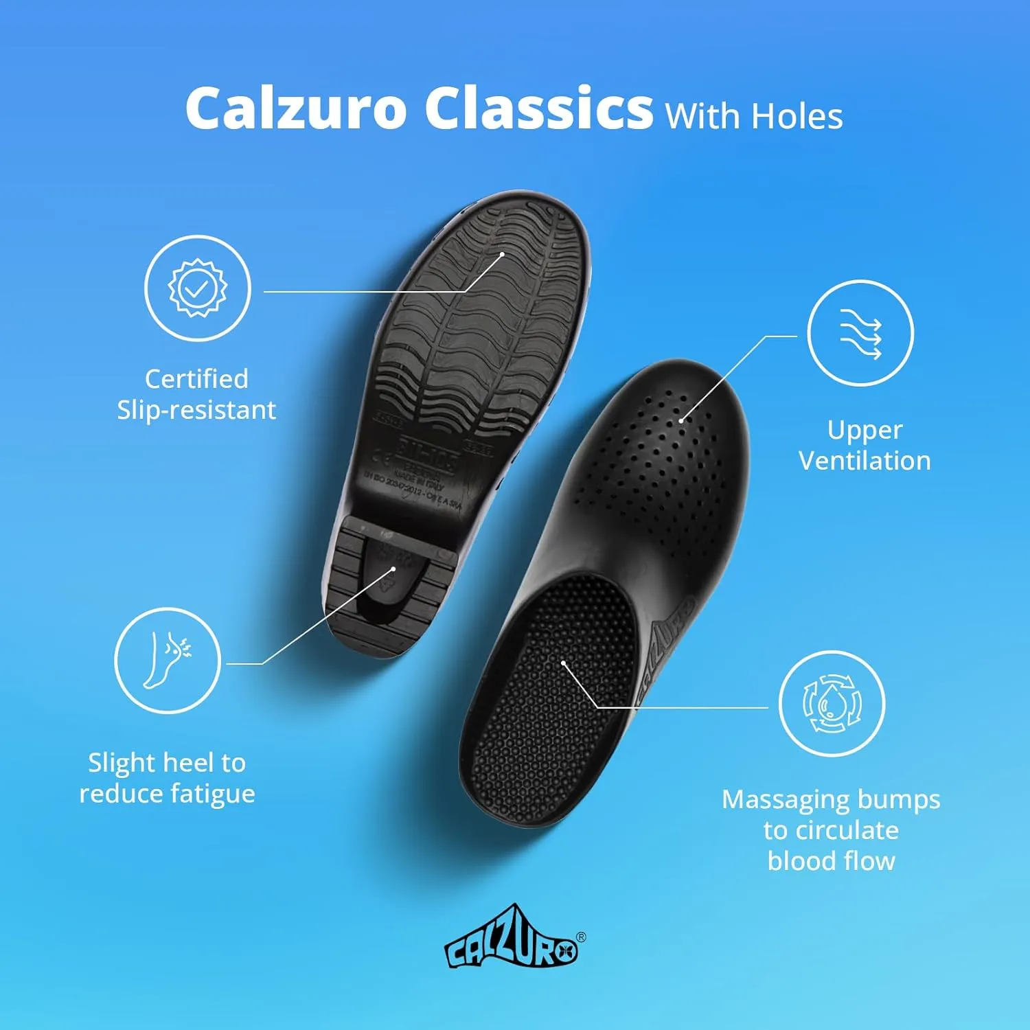 CALZURO Classic Work Clogs with Holes - Unisex Work Clogs for Women and Men - Non Slip Shoes - Autoclavable Rubber Kitchen Shoes and Nursing Clogs