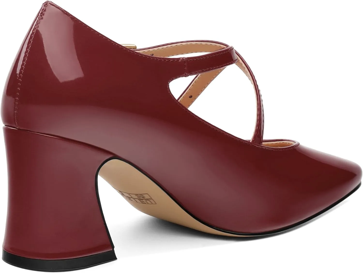 Chunky Block Heels for Women Closed Square Toe Patent Pumps Cross Strap High Heels Evening Party Dress Shoes 2.5IN