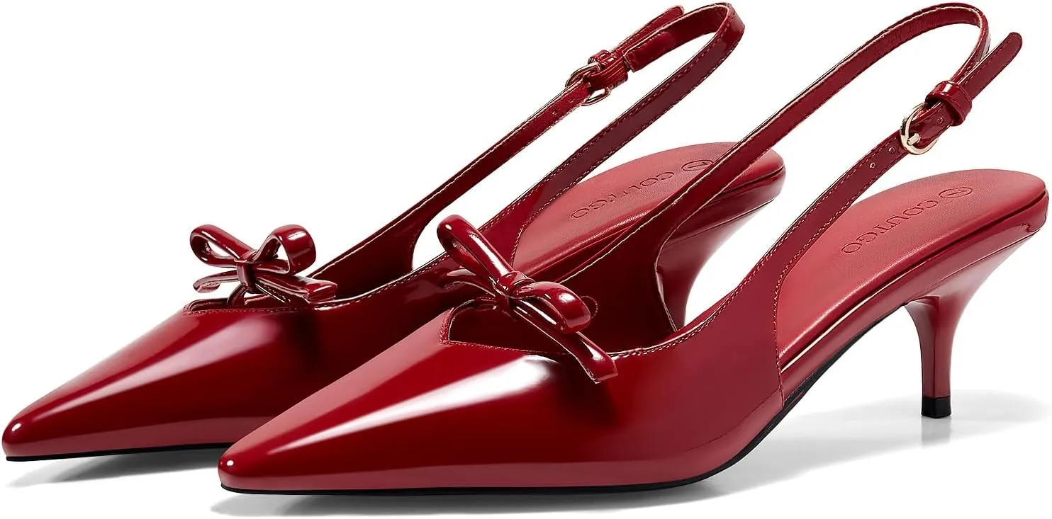 Coutgo Womens Bow Slingback Heels Low Kitten Heel Pumps Closed Pointed Toe Party Wedding Dress Shoes