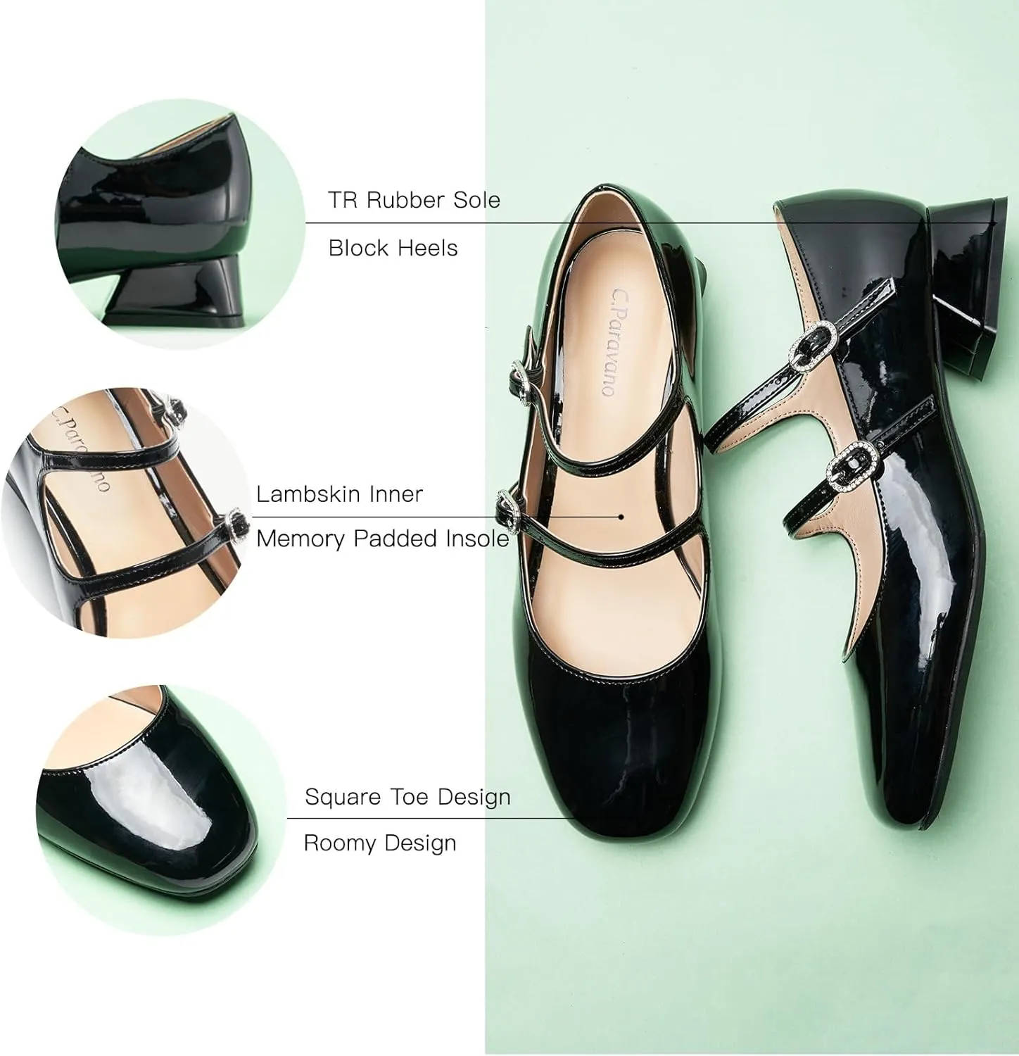C.Paravano Women Mary Jane Low Block Heels - Square Toe Double Strap Dress Shoes Work Pumps Comfortable for Daily Wear, Office, Party, Wedding, Dating, Spring/Summer Events, Formal/Casual Occasions
