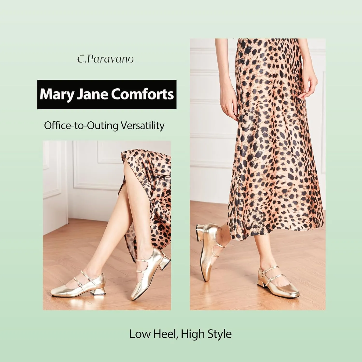 C.Paravano Women Mary Jane Low Block Heels - Square Toe Double Strap Dress Shoes Work Pumps Comfortable for Daily Wear, Office, Party, Wedding, Dating, Spring/Summer Events, Formal/Casual Occasions
