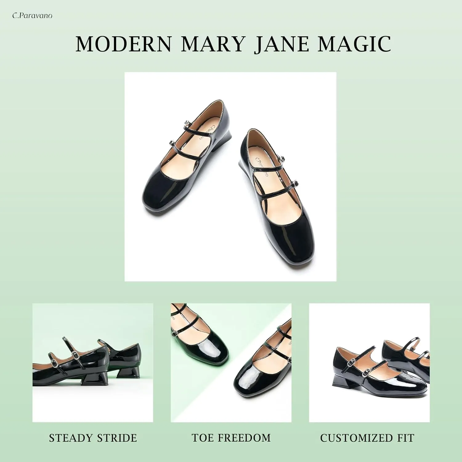 C.Paravano Women Mary Jane Low Block Heels - Square Toe Double Strap Dress Shoes Work Pumps Comfortable for Daily Wear, Office, Party, Wedding, Dating, Spring/Summer Events, Formal/Casual Occasions