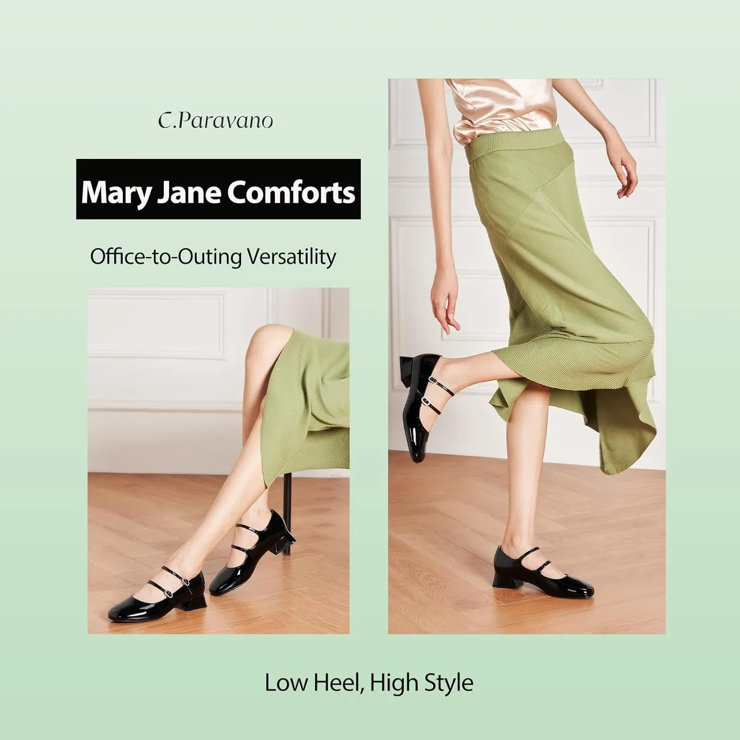 C.Paravano Women Mary Jane Low Block Heels - Square Toe Double Strap Dress Shoes Work Pumps Comfortable for Daily Wear, Office, Party, Wedding, Dating, Spring/Summer Events, Formal/Casual Occasions