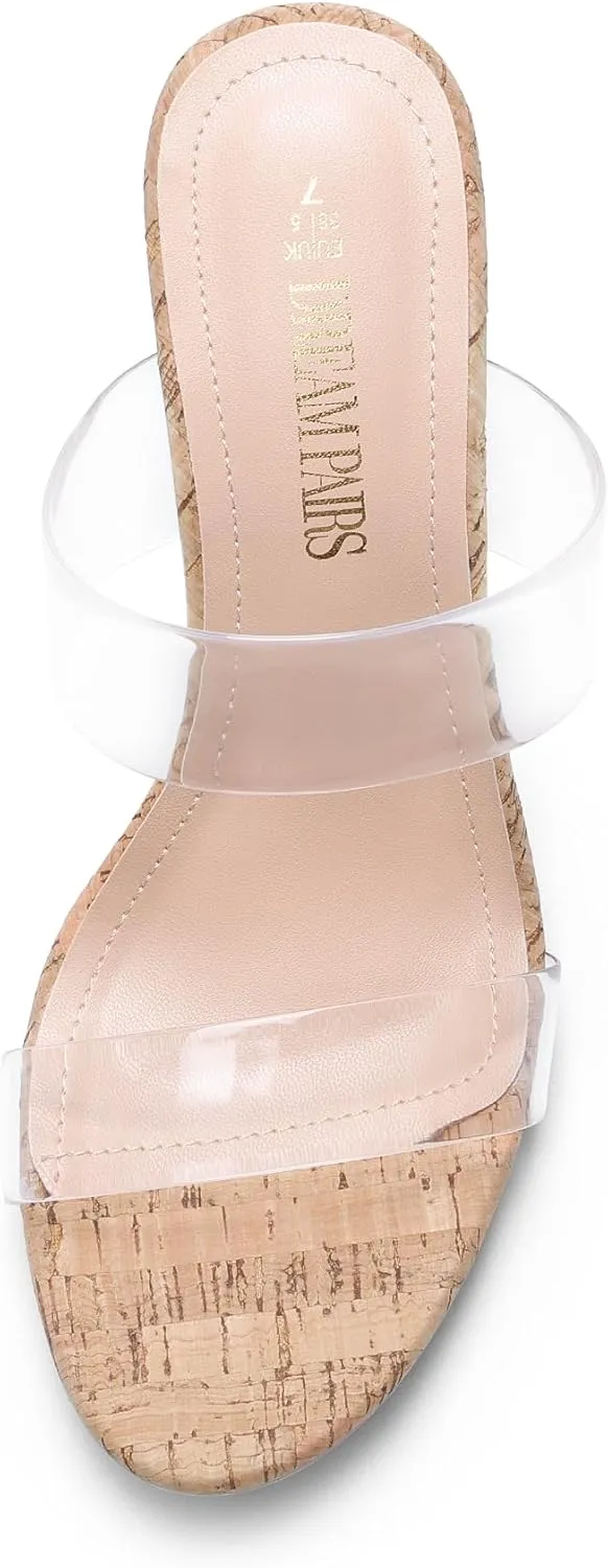 DREAM PAIRS Women's Clear Two Strap Open Toe High Block Chunky Slip on Dress Heel Sandals