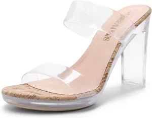 DREAM PAIRS Women's Clear Two Strap Open Toe High Block Chunky Slip on Dress Heel Sandals