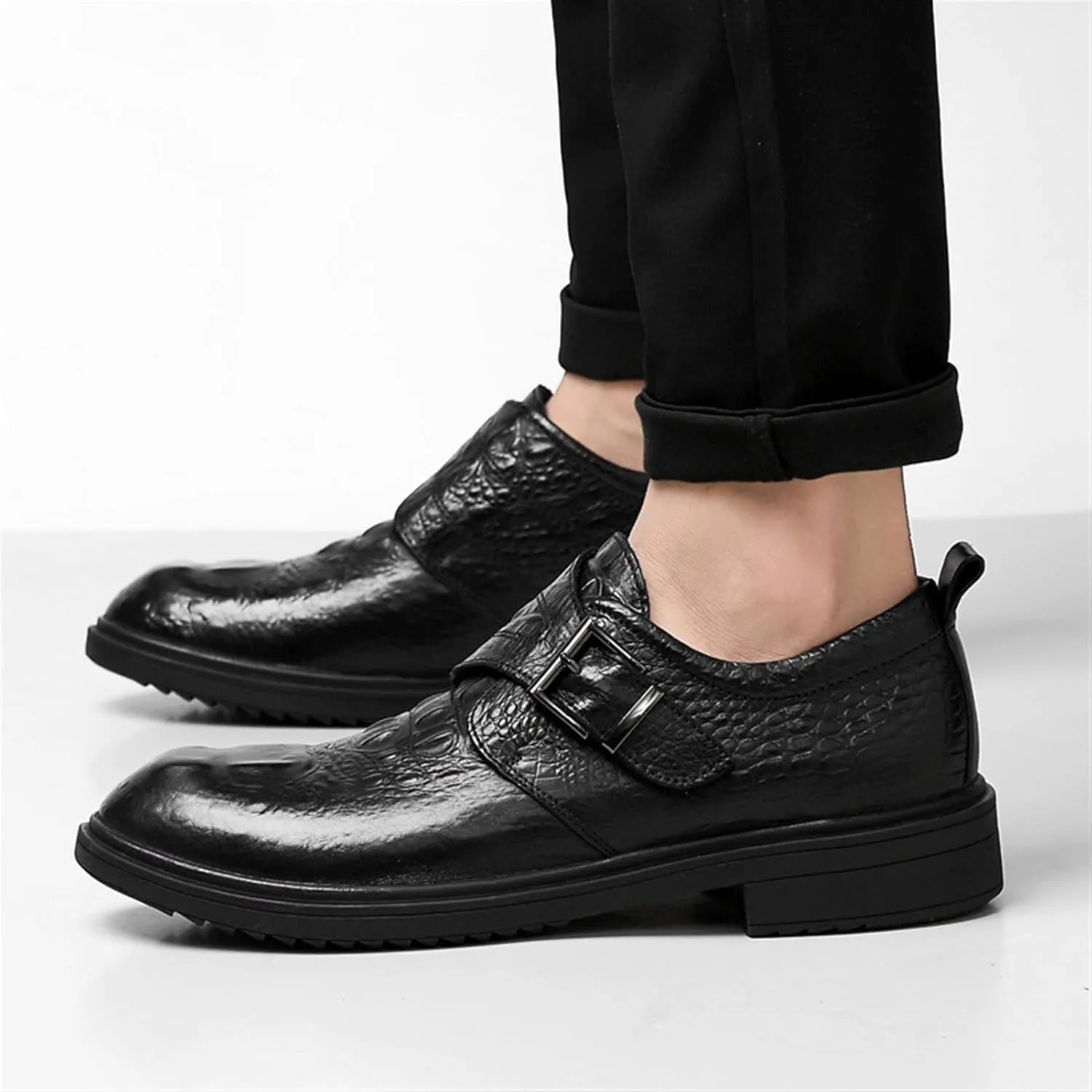 Dress Formal Shoes for Men Slip On Crocodile Embossed Monk Strap Vegan Leather Resistant Non Slip Rubber Sole Block Heel Anti-Slip Outdoor
