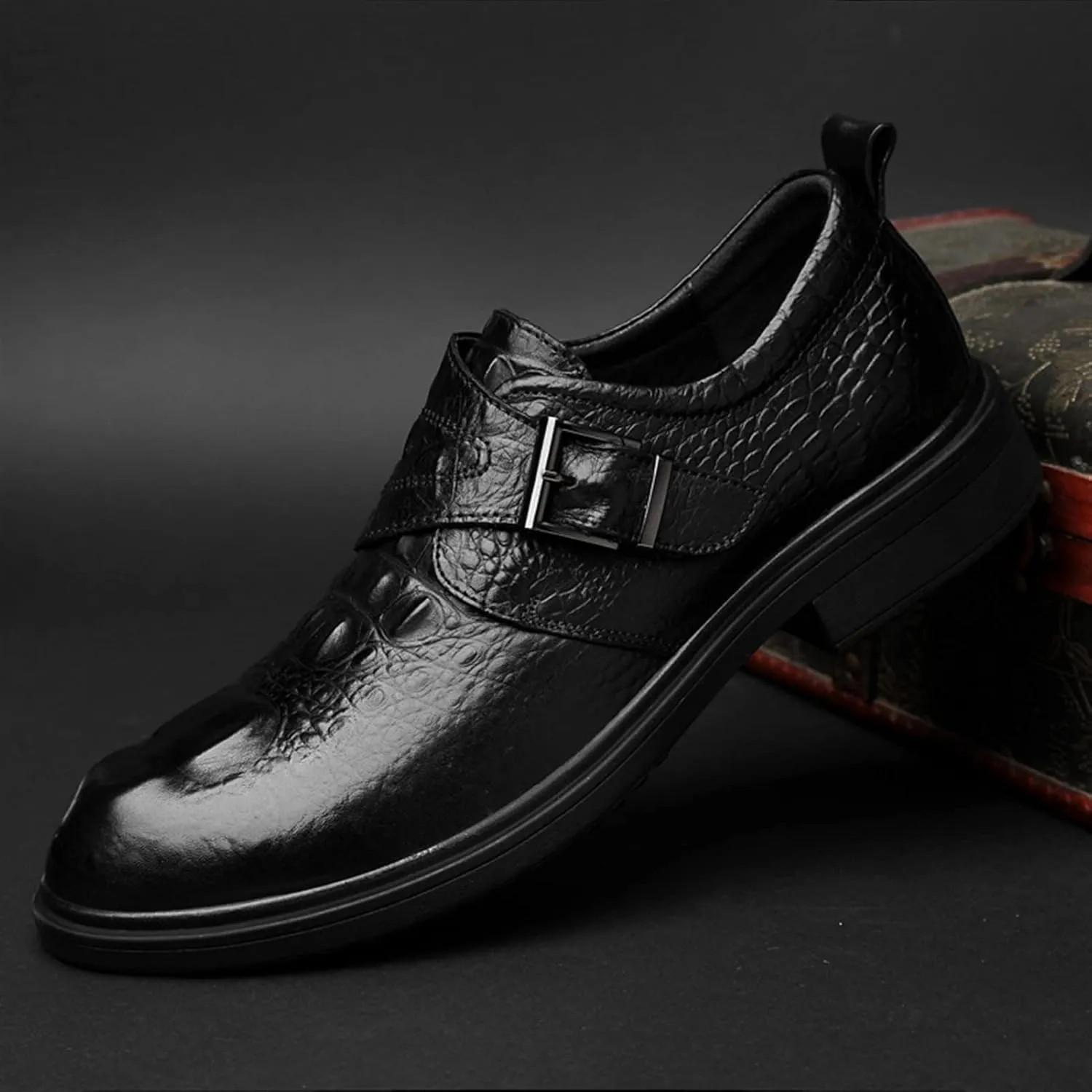 Dress Formal Shoes for Men Slip On Crocodile Embossed Monk Strap Vegan Leather Resistant Non Slip Rubber Sole Block Heel Anti-Slip Outdoor