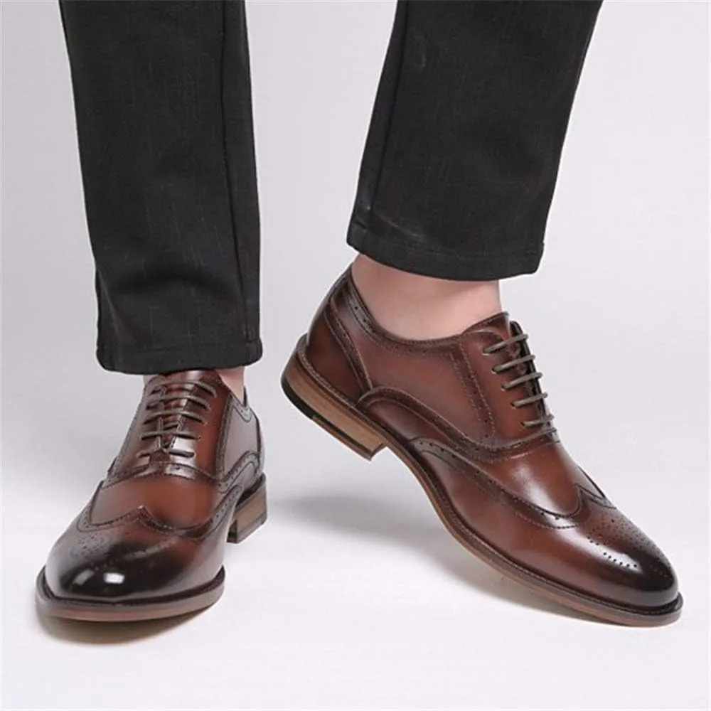 Dress Oxford for Men Lace Up Burnished Toe Wing Tip Brogue Vegan Leather Block Heel Anti-Slip Low Top Business