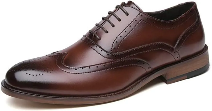 Dress Oxford for Men Lace Up Burnished Toe Wing Tip Brogue Vegan Leather Block Heel Anti-Slip Low Top Business