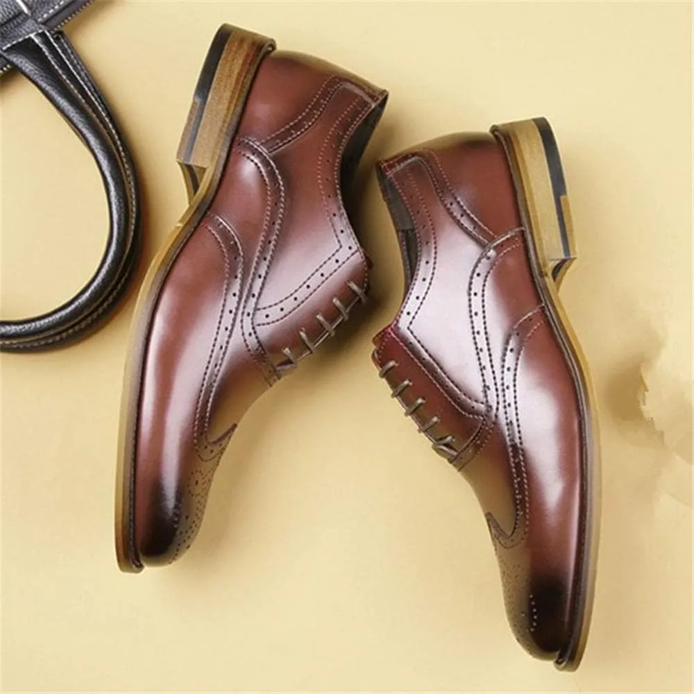 Dress Oxford for Men Lace Up Burnished Toe Wing Tip Brogue Vegan Leather Block Heel Anti-Slip Low Top Business
