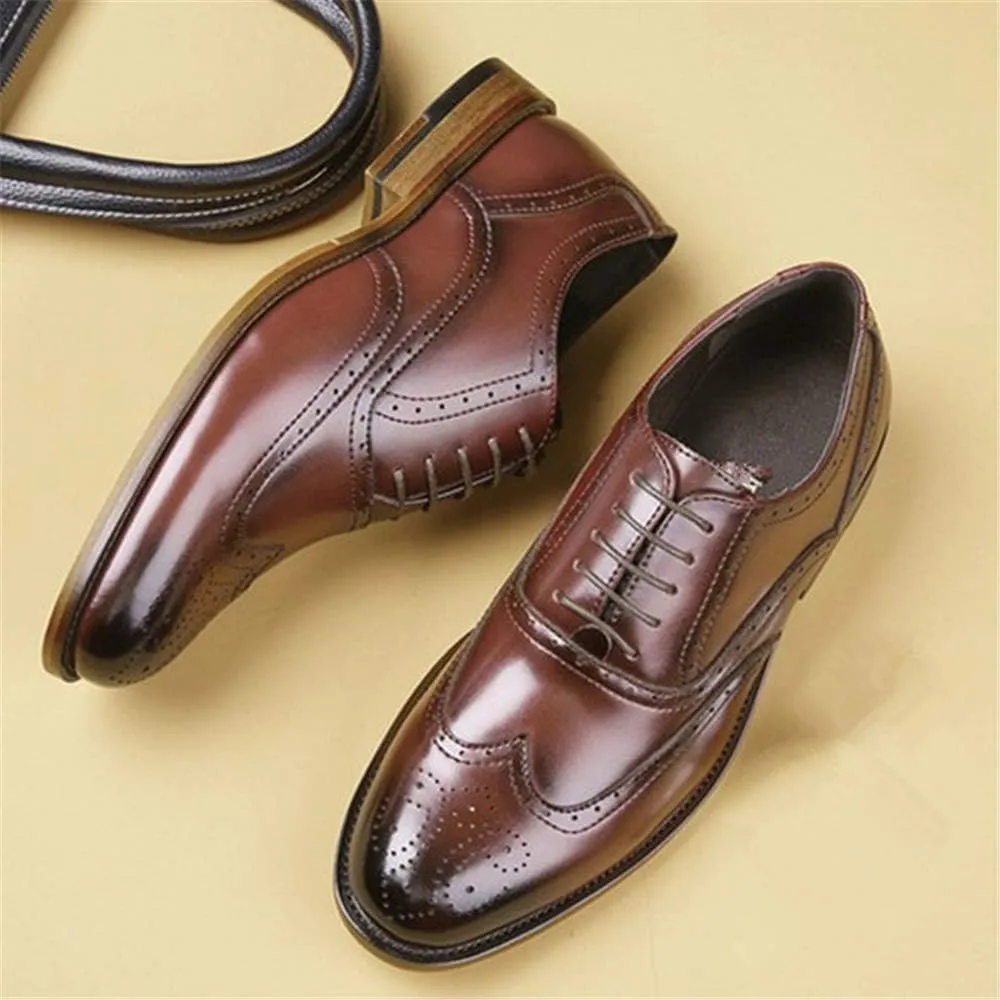 Dress Oxford for Men Lace Up Burnished Toe Wing Tip Brogue Vegan Leather Block Heel Anti-Slip Low Top Business