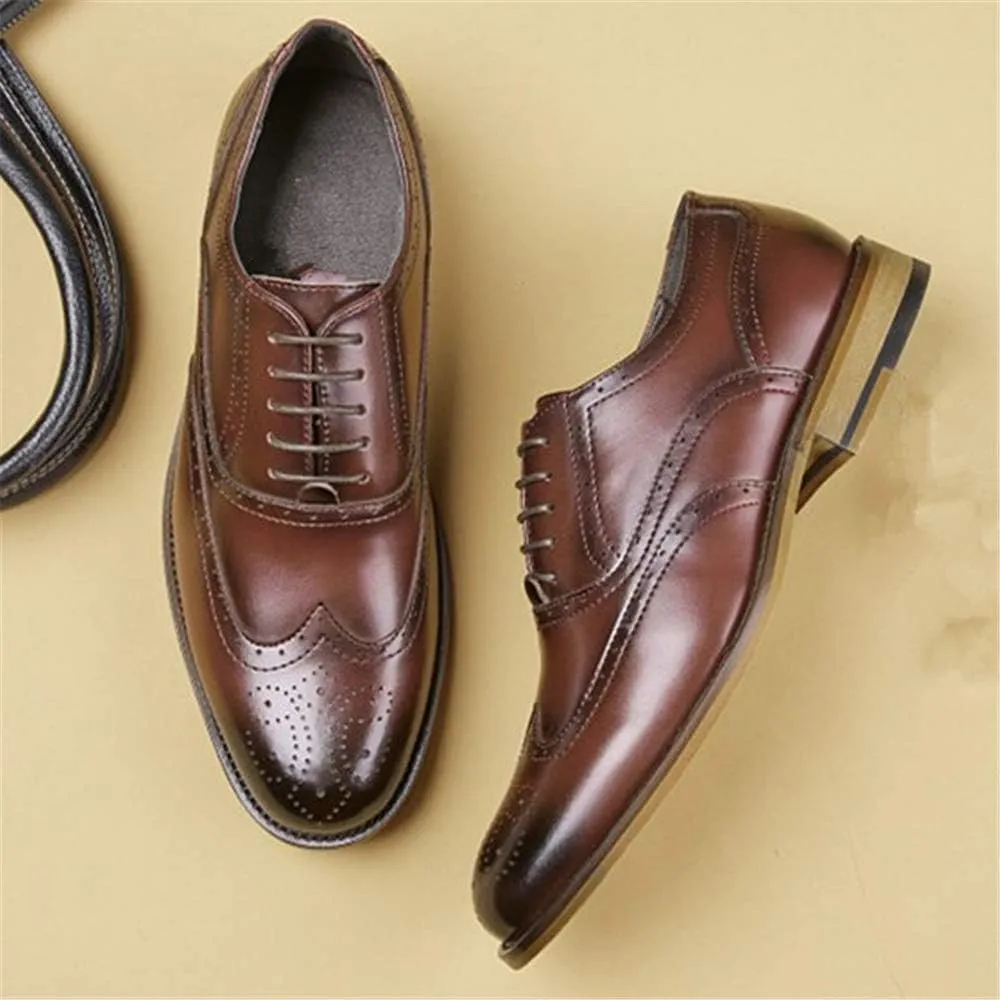 Dress Oxford for Men Lace Up Burnished Toe Wing Tip Brogue Vegan Leather Block Heel Anti-Slip Low Top Business