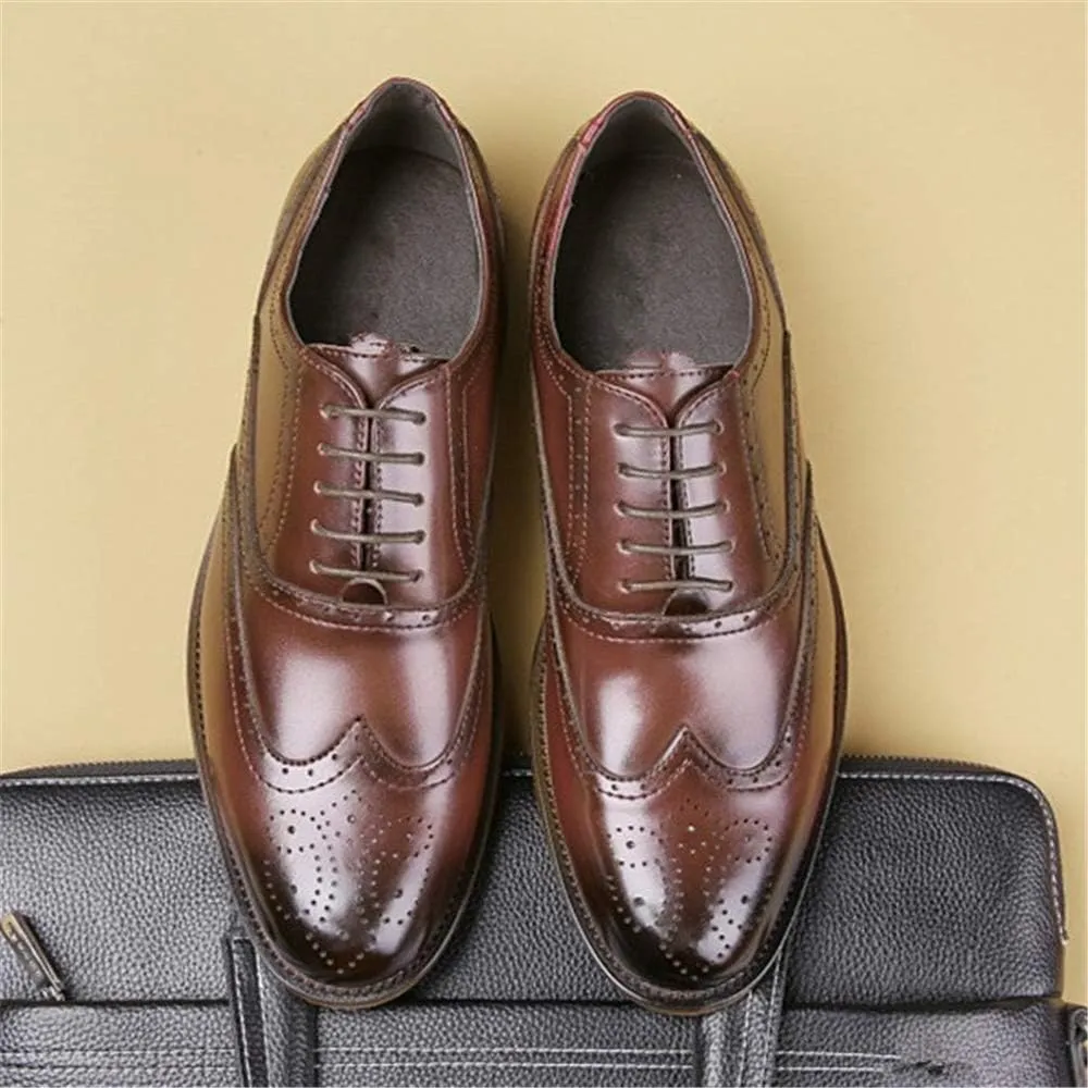 Dress Oxford for Men Lace Up Burnished Toe Wing Tip Brogue Vegan Leather Block Heel Anti-Slip Low Top Business