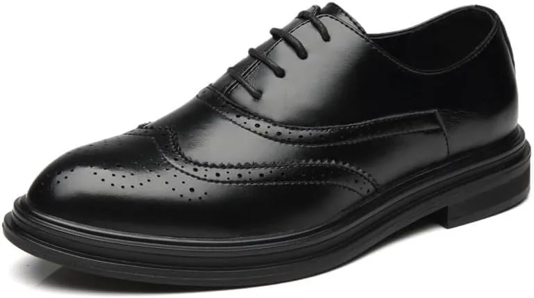 Dress Oxford Shoes for Men Lace Up Pointed Toe Brogue Embossed Wingtips Vegan Leather Derby Shoes Anti-Slip Low Top Non Slip Resistant Rubber Sole
