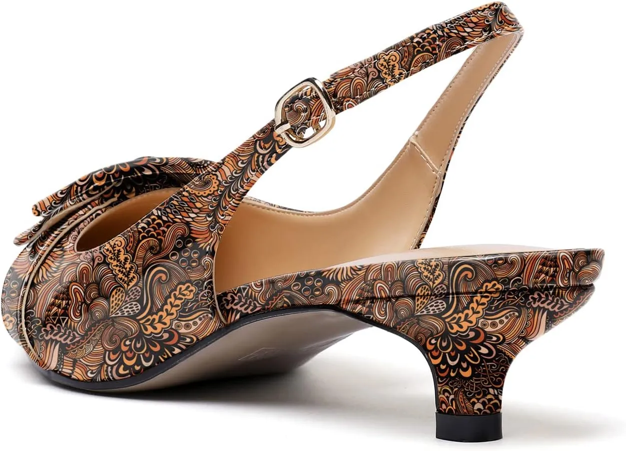 Eldof Kitten Heel Pumps for Women, Pointed Toe Slingback Low Heels, Classic Bow Heels Dress Shoes for Office Wedding Work Evening 1.4 Inches