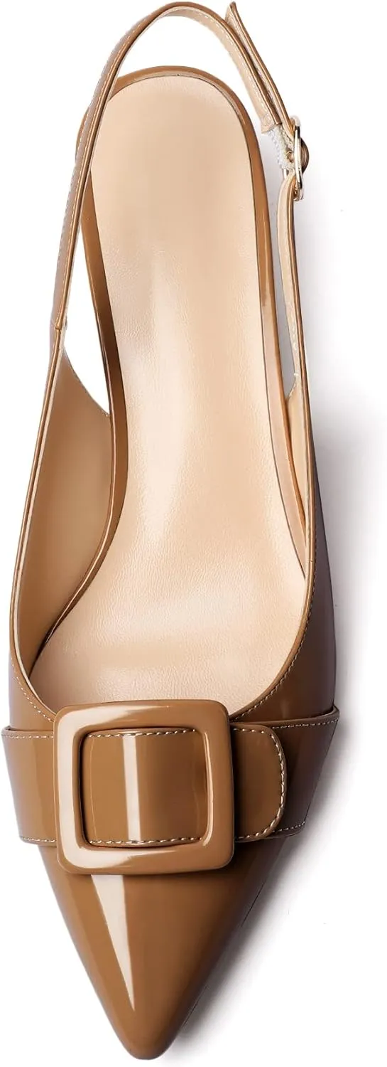 Eldof Kitten Heel Pumps for Women, Pointed Toe Slingback Low Heels, Classic Bow Heels Dress Shoes for Office Wedding Work Evening 1.4 Inches