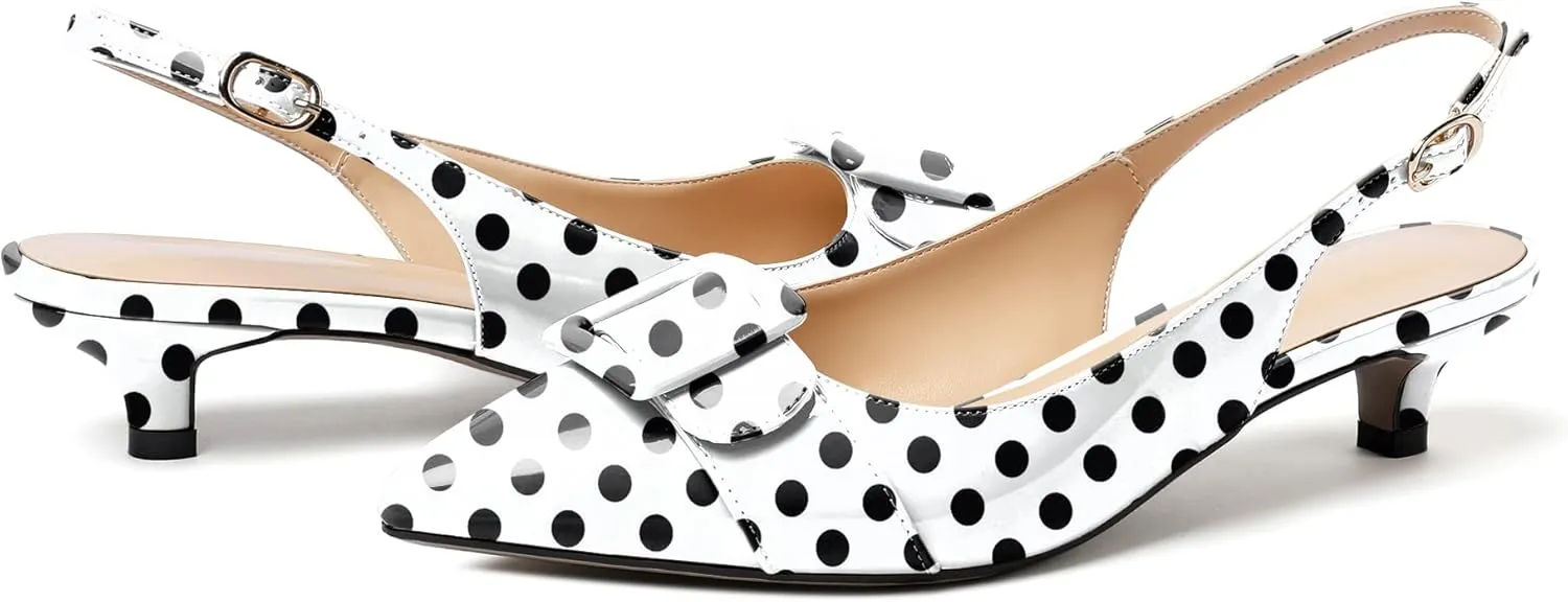 Eldof Kitten Heel Pumps for Women, Pointed Toe Slingback Low Heels, Classic Bow Heels Dress Shoes for Office Wedding Work Evening 1.4 Inches