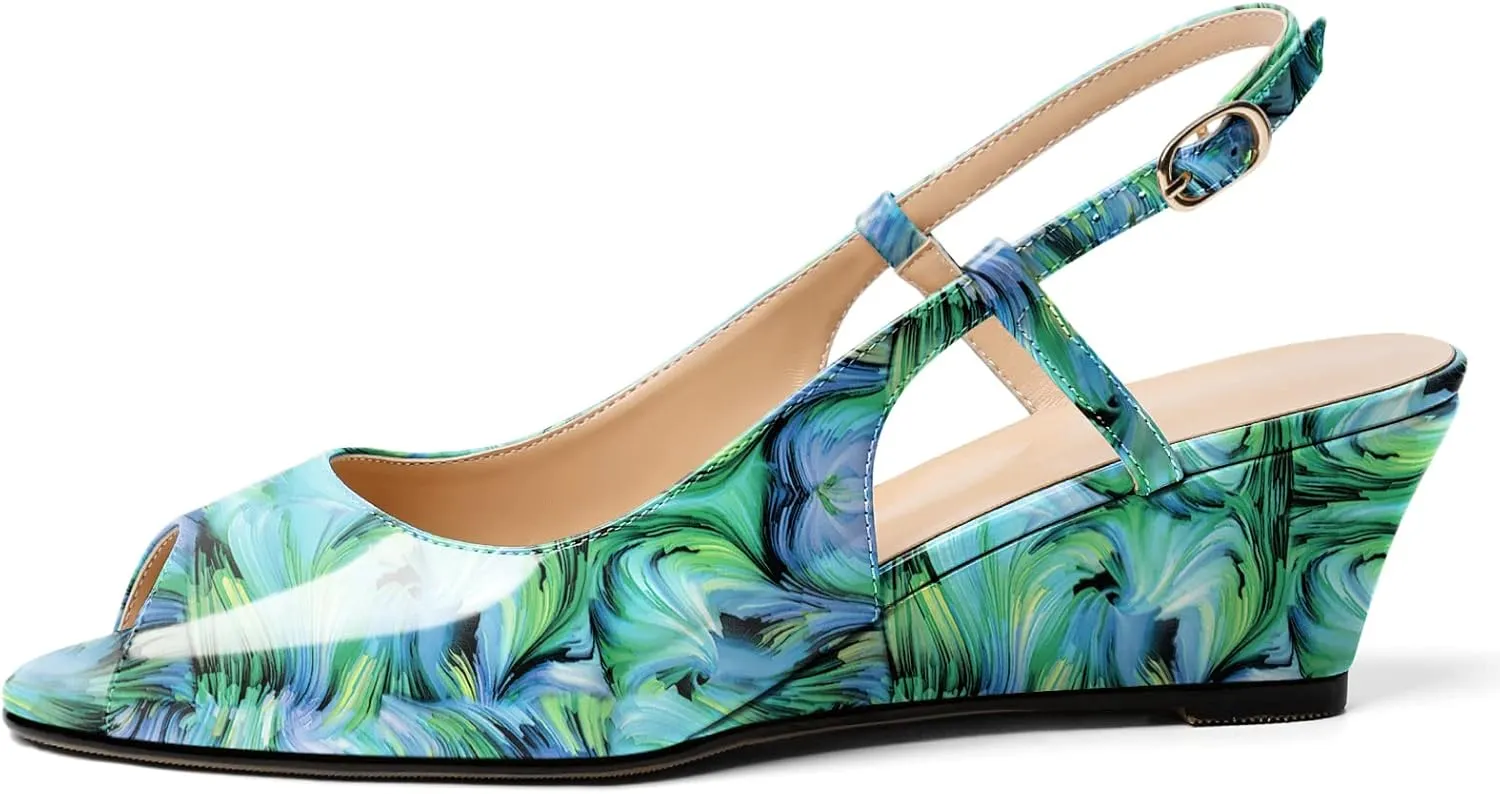 Eldof Slingback Low Wedge Sandals for Women Peep Toe Wedge Heel Pumps Shoes 2 Inches for Dress Working Evening