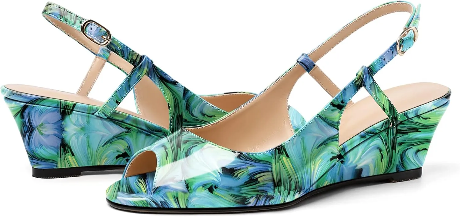 Eldof Slingback Low Wedge Sandals for Women Peep Toe Wedge Heel Pumps Shoes 2 Inches for Dress Working Evening