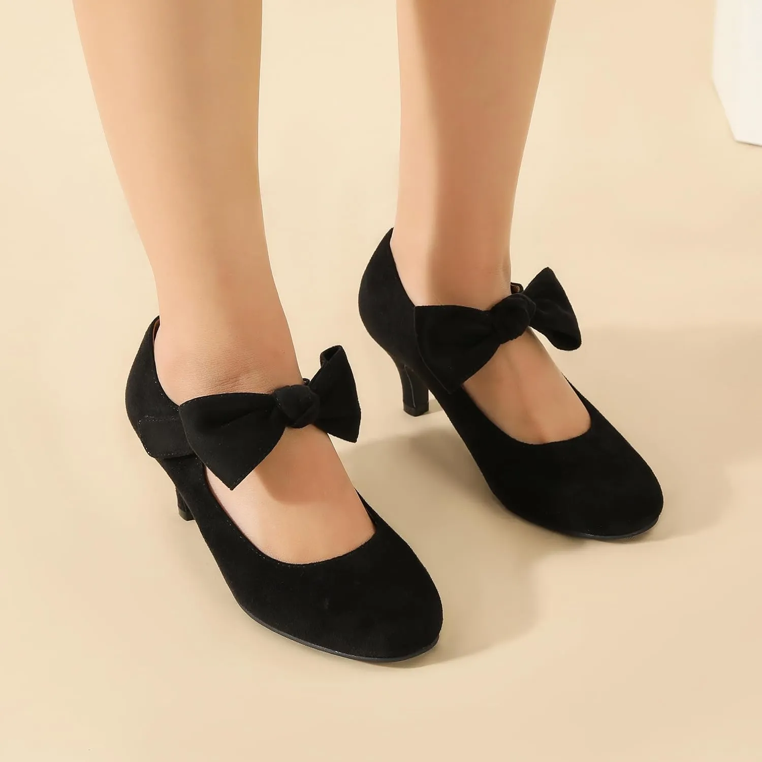 Enelauge Women's Bow Mary Jane Pumps Low Kitten Heels Round Toe Ankle Strap Wedding Office Work Dress Evening Party Shoes