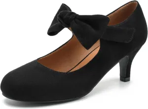 Enelauge Women's Bow Mary Jane Pumps Low Kitten Heels Round Toe Ankle Strap Wedding Office Work Dress Evening Party Shoes