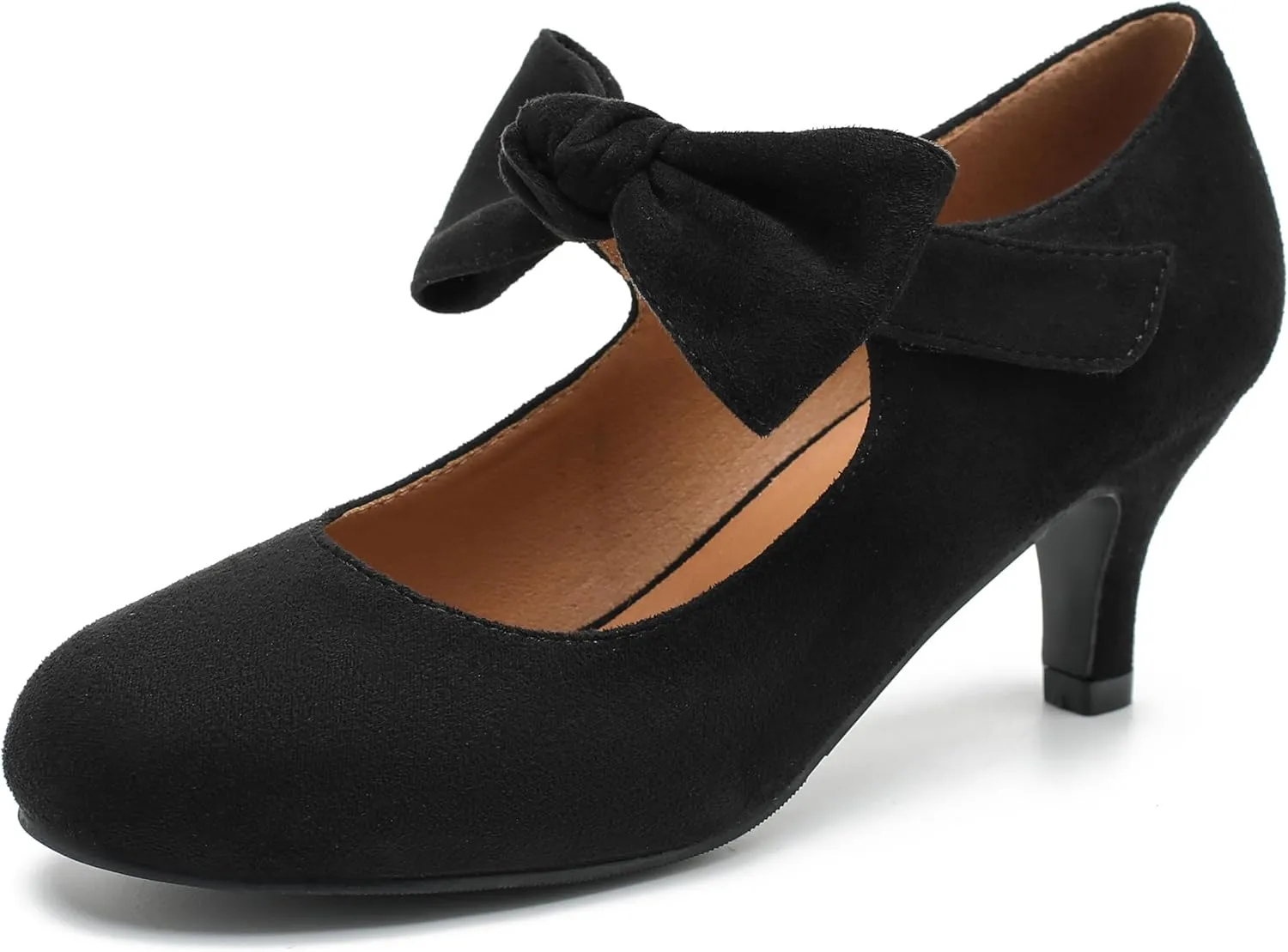 Enelauge Women's Bow Mary Jane Pumps Low Kitten Heels Round Toe Ankle Strap Wedding Office Work Dress Evening Party Shoes