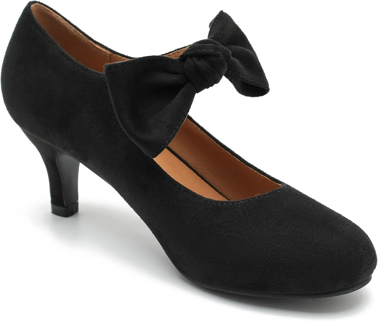 Enelauge Women's Bow Mary Jane Pumps Low Kitten Heels Round Toe Ankle Strap Wedding Office Work Dress Evening Party Shoes