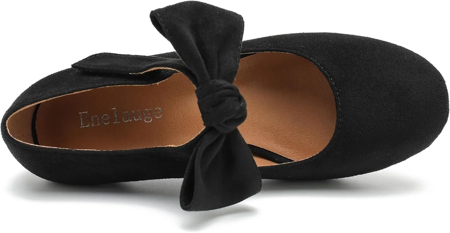 Enelauge Women's Bow Mary Jane Pumps Low Kitten Heels Round Toe Ankle Strap Wedding Office Work Dress Evening Party Shoes