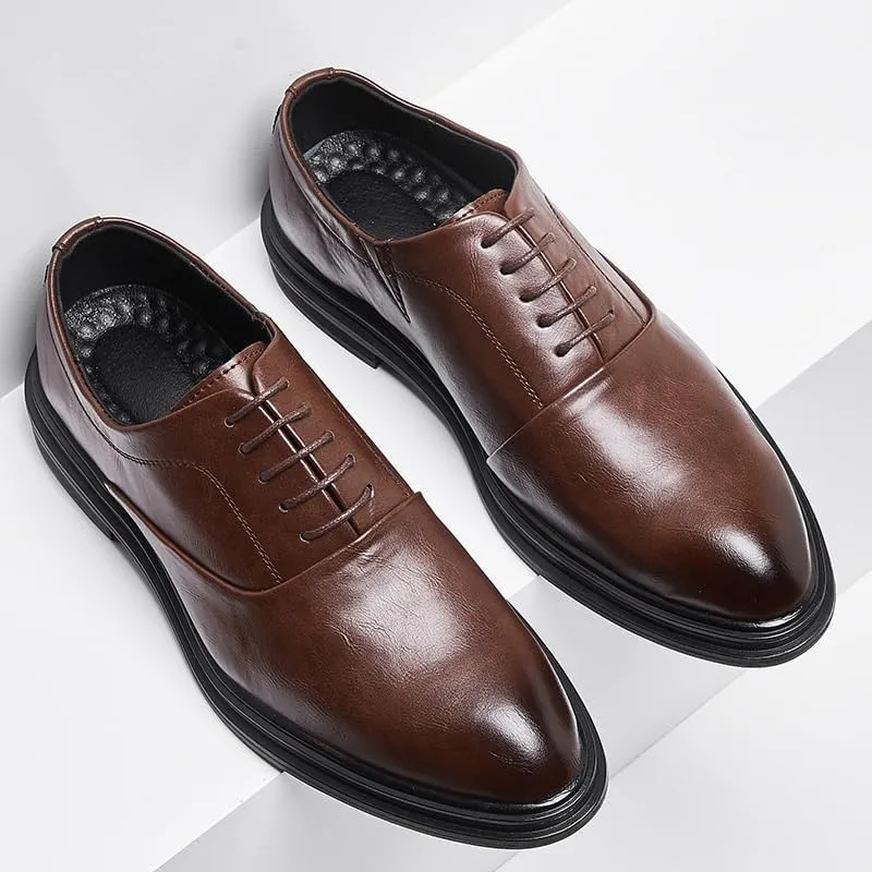 Formal Shoes Dress Oxford for Men Lace Up Pointed Burnished Toe Vegan Leather Oxford Shoes Anti-Slip Rubber Sole Slip Resistant Block Heel Business