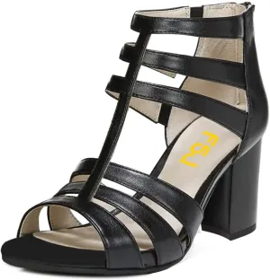 FSJ Women Chunky Mid High Heel Sandals Open Toe T-Strap Pumps Cutout Dress Party Prom Office Strappy Shoes Elastic Back Zipper Size 4-15 US