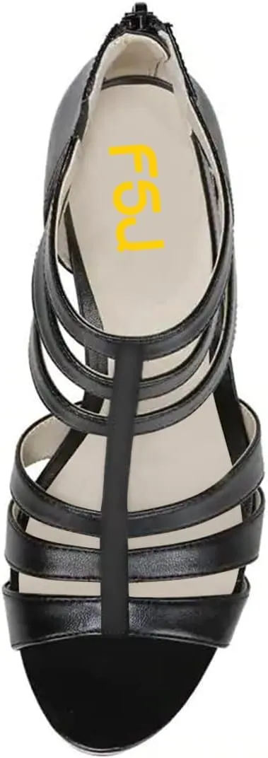 FSJ Women Chunky Mid High Heel Sandals Open Toe T-Strap Pumps Cutout Dress Party Prom Office Strappy Shoes Elastic Back Zipper Size 4-15 US