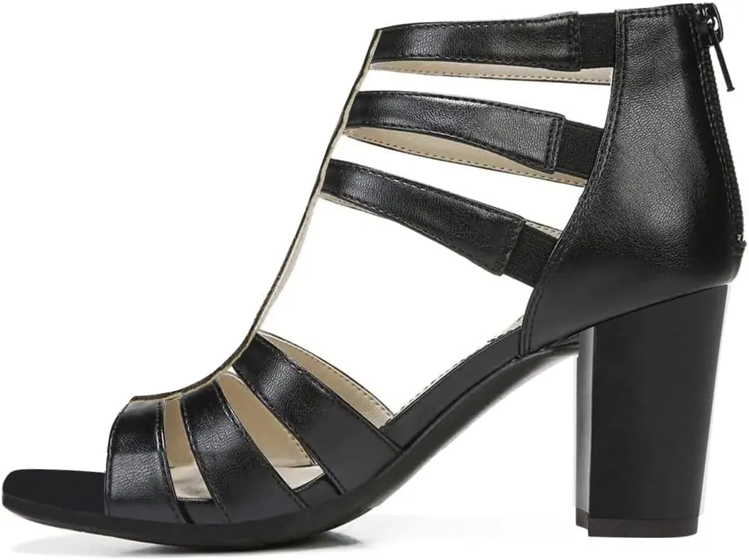FSJ Women Chunky Mid High Heel Sandals Open Toe T-Strap Pumps Cutout Dress Party Prom Office Strappy Shoes Elastic Back Zipper Size 4-15 US