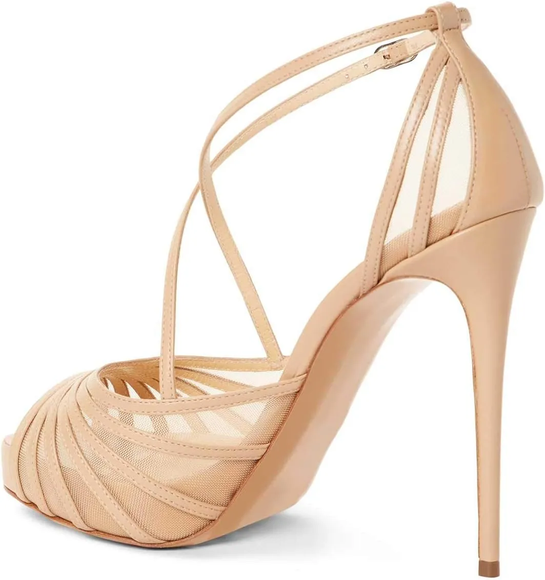 FSJ Women Elegant Peep Toe Crisscross Platform Sandals Ankle Strappy Stiletto High Heel Pumps D'Orsay Wedding Dress Shoes US Size 4-15