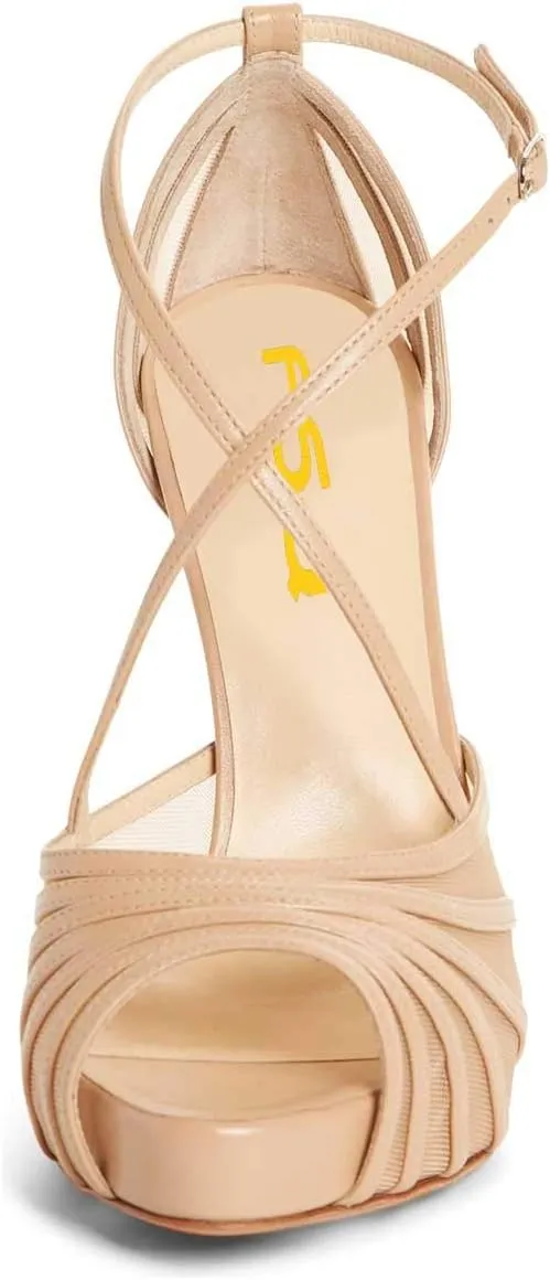 FSJ Women Elegant Peep Toe Crisscross Platform Sandals Ankle Strappy Stiletto High Heel Pumps D'Orsay Wedding Dress Shoes US Size 4-15