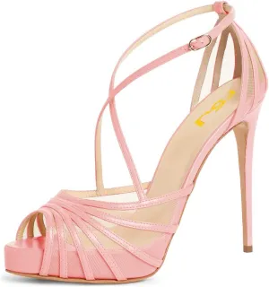 FSJ Women Elegant Peep Toe Crisscross Platform Sandals Ankle Strappy Stiletto High Heel Pumps D'Orsay Wedding Dress Shoes US Size 4-15