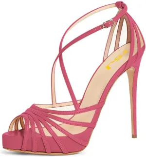 FSJ Women Elegant Peep Toe Crisscross Platform Sandals Ankle Strappy Stiletto High Heel Pumps D'Orsay Wedding Dress Shoes US Size 4-15