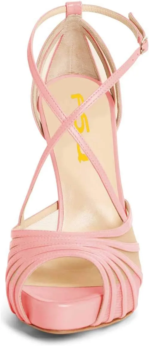 FSJ Women Elegant Peep Toe Crisscross Platform Sandals Ankle Strappy Stiletto High Heel Pumps D'Orsay Wedding Dress Shoes US Size 4-15