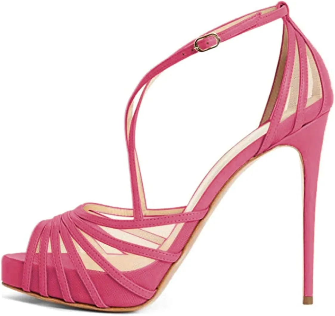 FSJ Women Elegant Peep Toe Crisscross Platform Sandals Ankle Strappy Stiletto High Heel Pumps D'Orsay Wedding Dress Shoes US Size 4-15