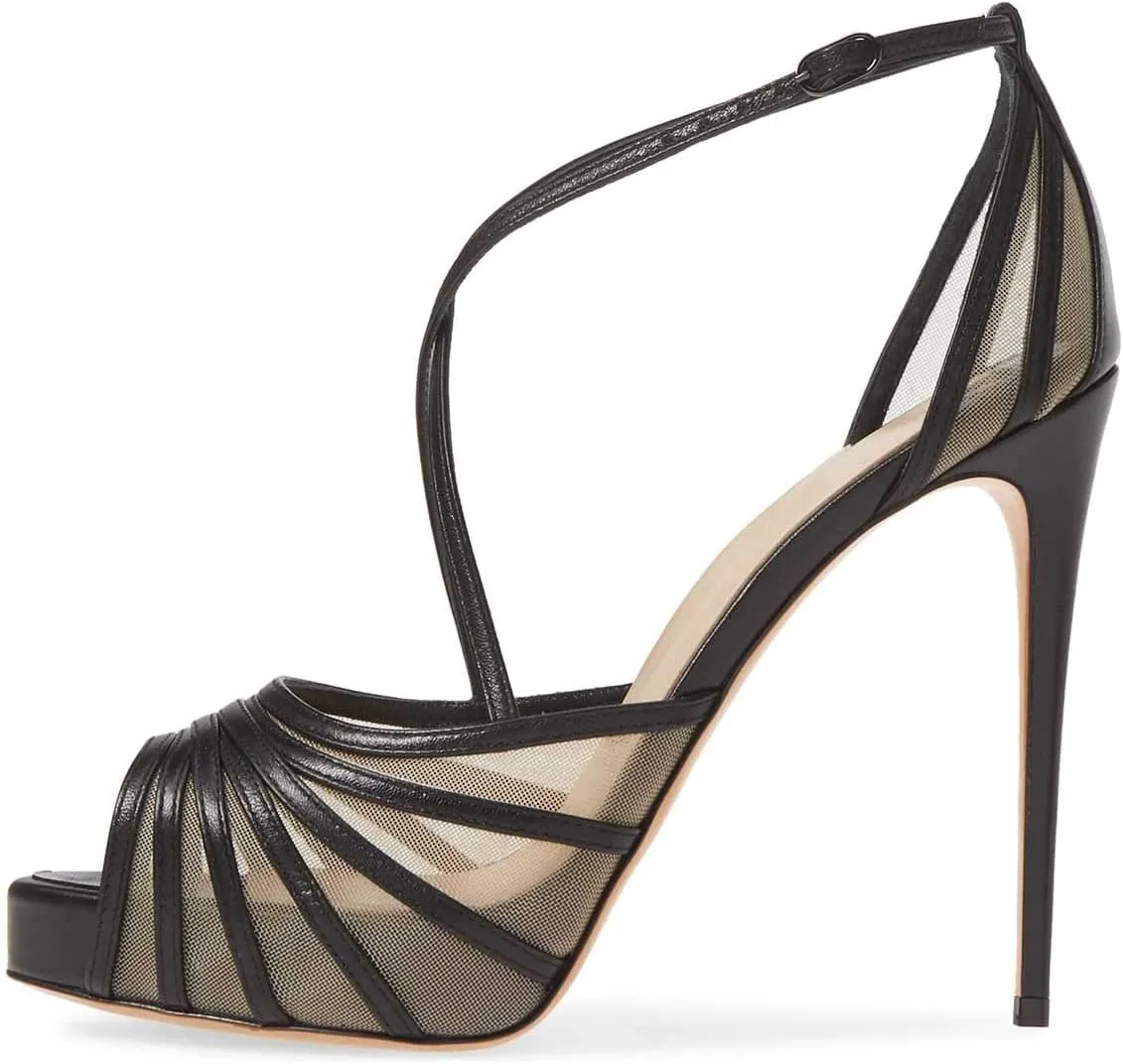 FSJ Women Elegant Peep Toe Crisscross Platform Sandals Ankle Strappy Stiletto High Heel Pumps D'Orsay Wedding Dress Shoes US Size 4-15