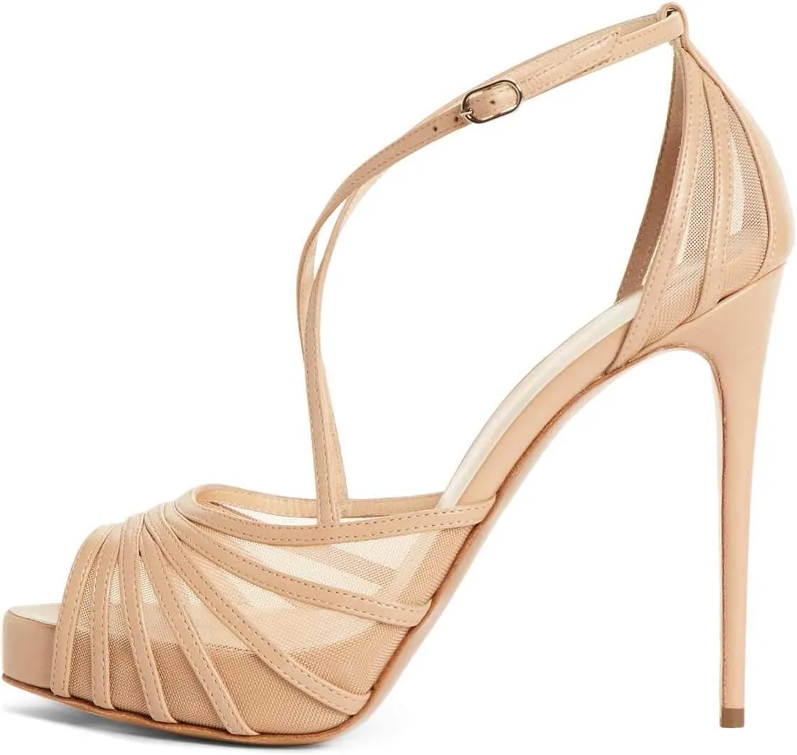 FSJ Women Elegant Peep Toe Crisscross Platform Sandals Ankle Strappy Stiletto High Heel Pumps D'Orsay Wedding Dress Shoes US Size 4-15