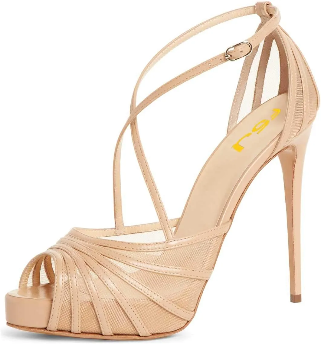 FSJ Women Elegant Peep Toe Crisscross Platform Sandals Ankle Strappy Stiletto High Heel Pumps D'Orsay Wedding Dress Shoes US Size 4-15