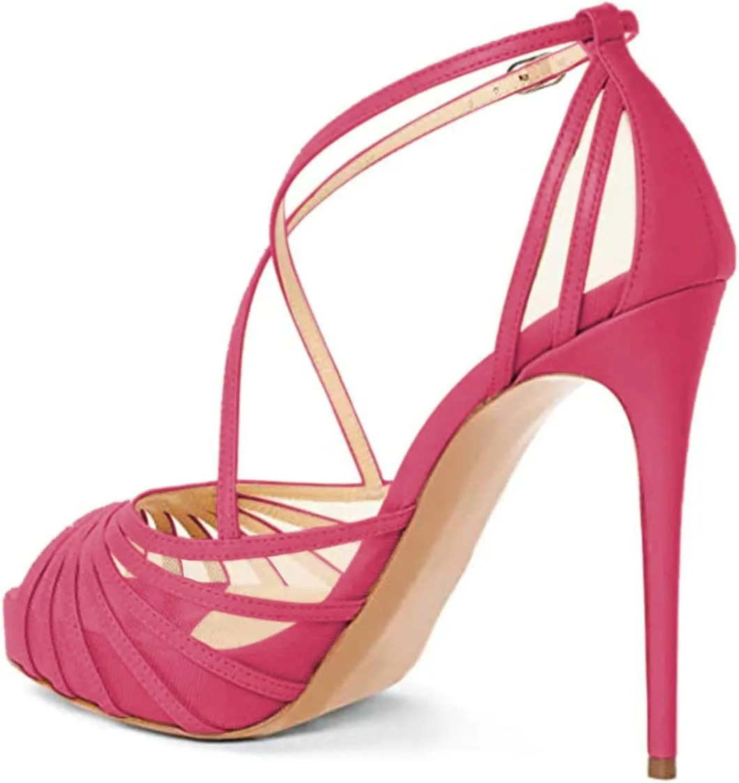 FSJ Women Elegant Peep Toe Crisscross Platform Sandals Ankle Strappy Stiletto High Heel Pumps D'Orsay Wedding Dress Shoes US Size 4-15