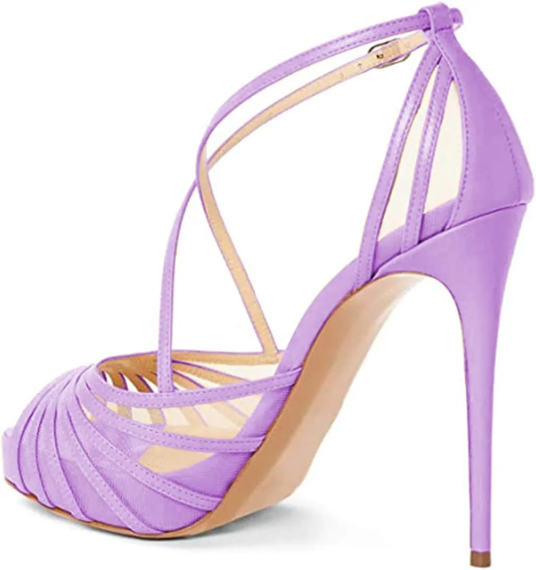 FSJ Women Elegant Peep Toe Crisscross Platform Sandals Ankle Strappy Stiletto High Heel Pumps D'Orsay Wedding Dress Shoes US Size 4-15